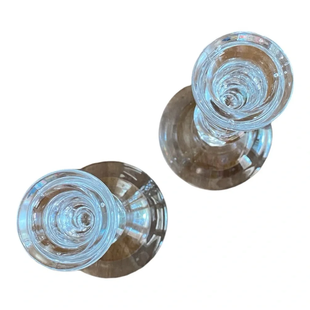Vintage Clear Glass Bamboo Twist Candlestick Holders - Pair 6”